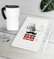 Kişiye Özel Muhteşem Baba Beyaz Defter Kalem Termos Mug Seti