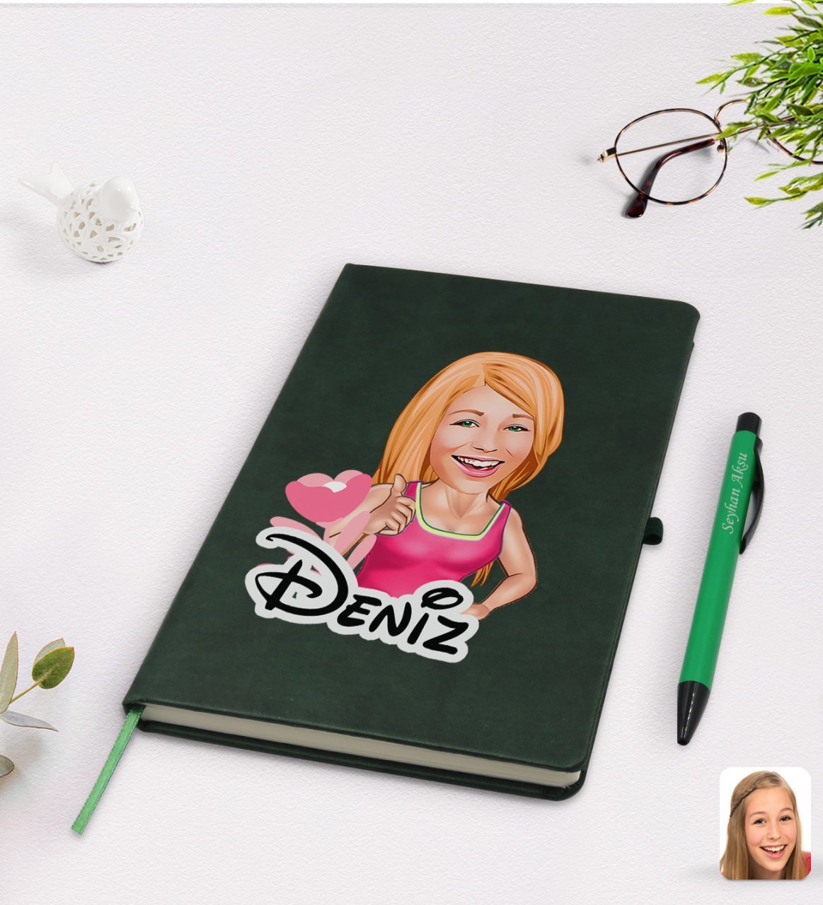 Kişiye Özel Kadın Karikatürlü Yeşil Termo Deri Defter Kalem Seti Model 49