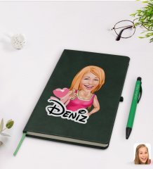 Kişiye Özel Kadın Karikatürlü Yeşil Termo Deri Defter Kalem Seti Model 49