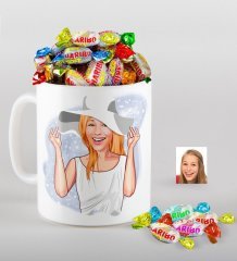 Kişiye Özel Bayan Karikatürlü Kupa ve Haribo Fruitbons Şeker Hediye Seti-20