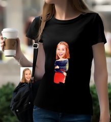 Kişiye Özel Bayan Karikatürlü Siyah T-Shirt-12