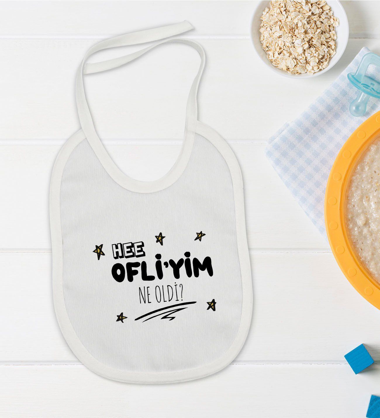 BK Kids Ofliyim Ne Oldi Tasarımlı Beyaz Bebek Mama Önlüğü-1