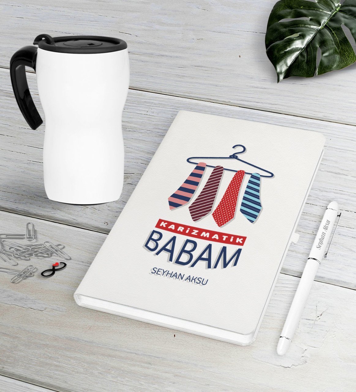 Kişiye Özel Karizmatik Babam Beyaz Defter Kalem Termos Mug Seti
