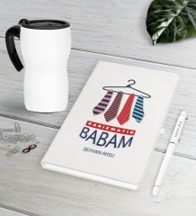 Kişiye Özel Karizmatik Babam Beyaz Defter Kalem Termos Mug Seti