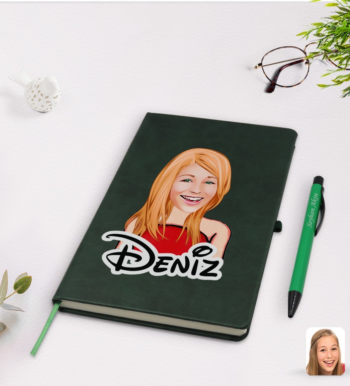 Kişiye Özel Kadın Karikatürlü Yeşil Termo Deri Defter Kalem Seti Model 33