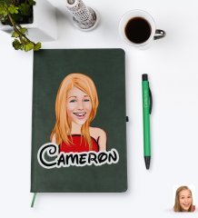 Kişiye Özel Kadın Karikatürlü Yeşil Termo Deri Defter Kalem Seti Model 33