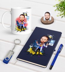 Kişiye Özel Erkek Diş Hekimi Karikatürlü Lacivert Defter Kalem Kupa 32gb USB Bellek Hediye Seti-1