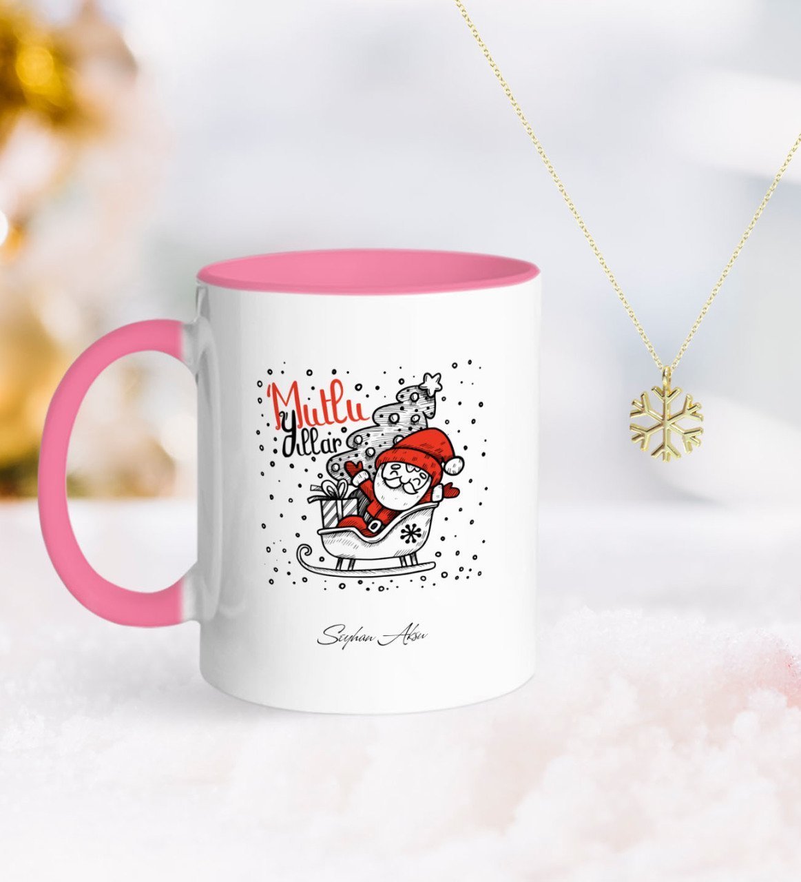 Kişiye Özel Noel Baba Pembe Kupa ve Kar Tanesi Kolye-5
