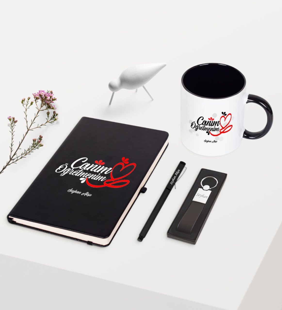 Kişiye Özel Canım Öğretmenim Temalı Siyah Defter Kalem Anahtarlık Kupa Seti - 1