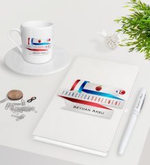Kişiye Özel Fransızca Öğretmeni Beyaz Defter Kalem Türk Kahvesi Fincanı Seti-2