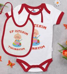 BK Kids Ep İsterim Tasarımlı Kırmızı Bebek Body Zıbın ve Mama Önlüğü Hediye Seti-5