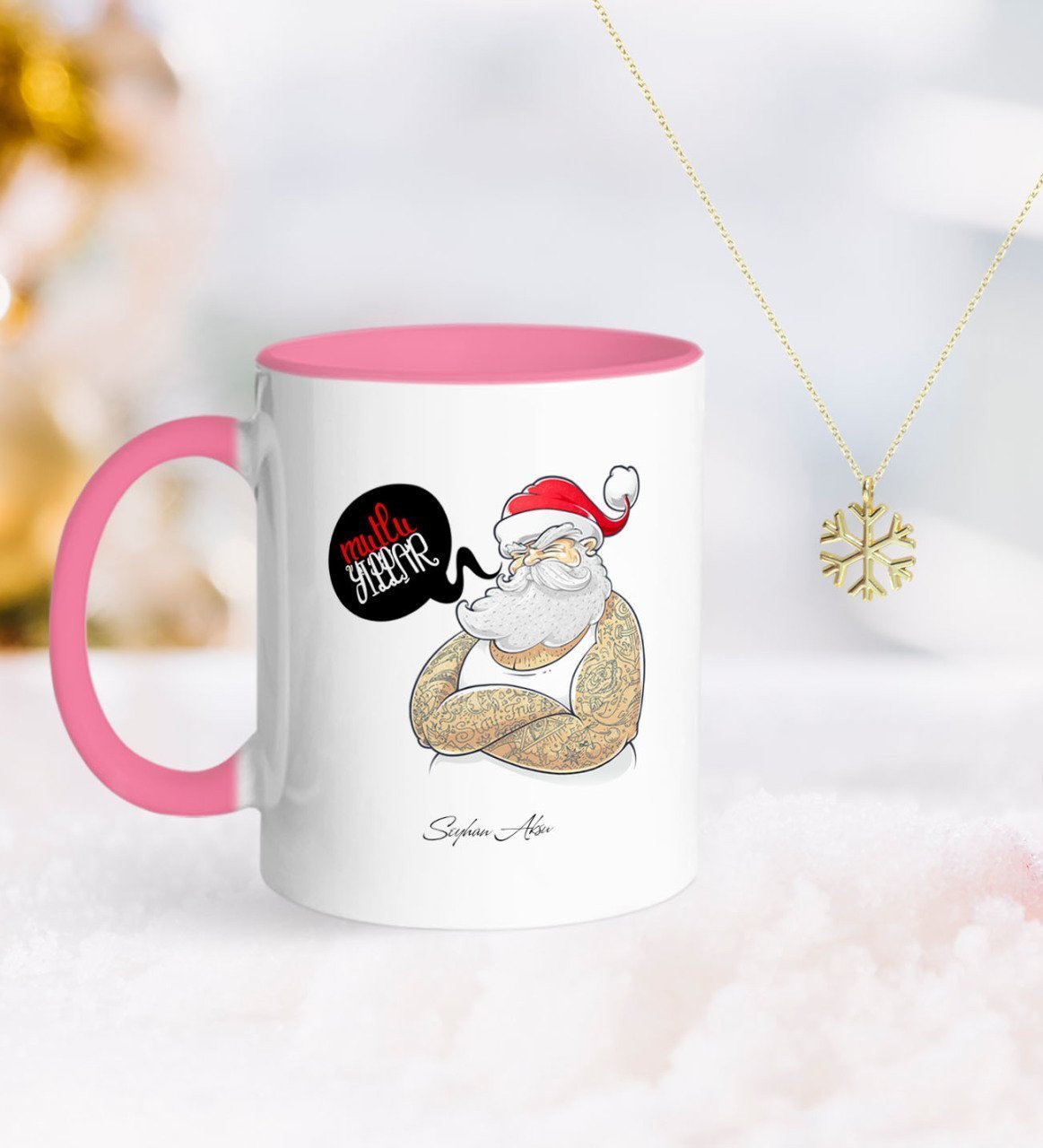 Kişiye Özel Noel Baba Pembe Kupa ve Kar Tanesi Kolye-4