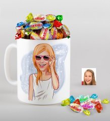 Kişiye Özel Bayan Karikatürlü Kupa ve Haribo Fruitbons Şeker Hediye Seti-18