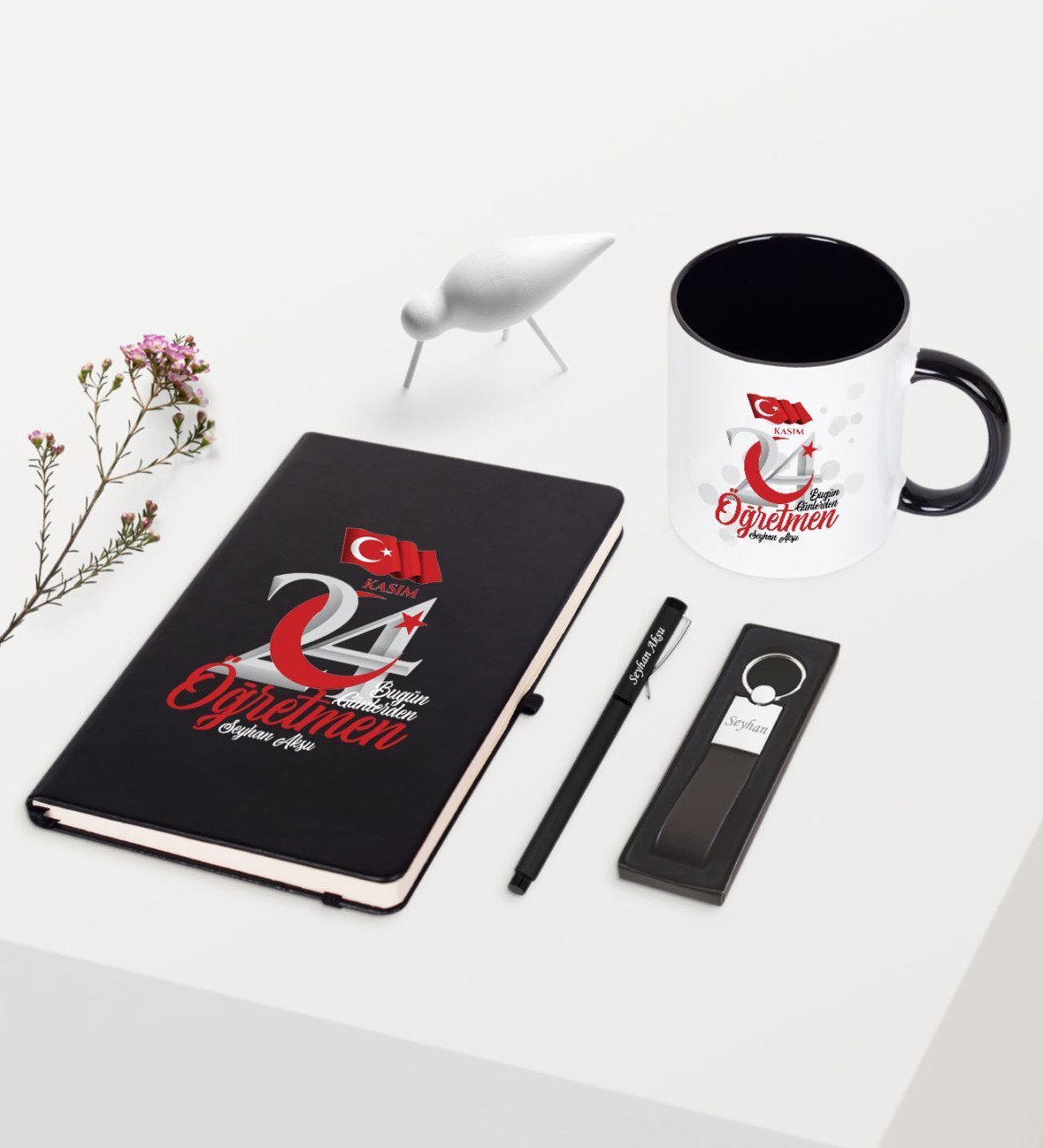 Kişiye Özel Bugün Günlerden Öğretmen Temalı Siyah Defter Kalem Anahtarlık Kupa Seti - 2