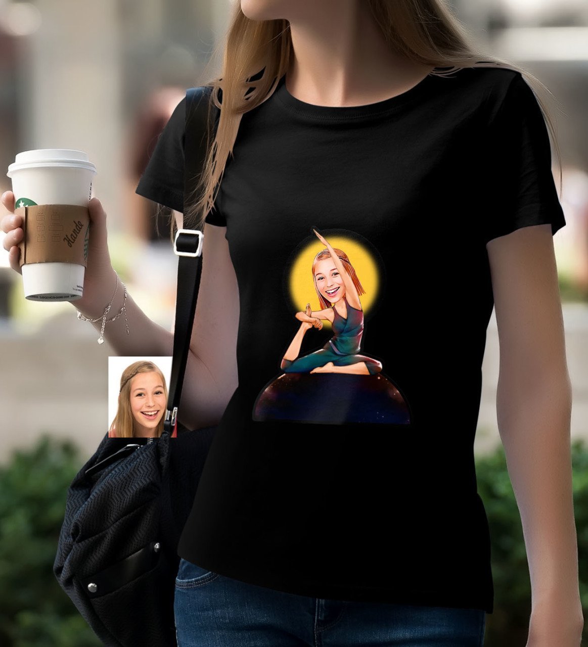 Kişiye Özel Bayan Yoga Karikatürlü Siyah T-Shirt-2