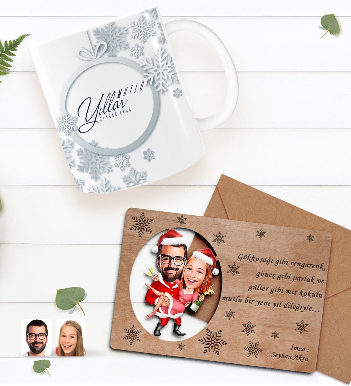 Kişiye Özel Happy New Year Kupa Bardak ve Retro Ahşap Yılbaşı Tebrik Kartı Hediye Seti-3F