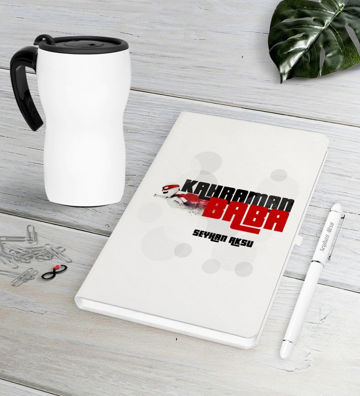 Kişiye Özel Kahraman Baba Beyaz Defter Kalem Termos Mug Seti-2