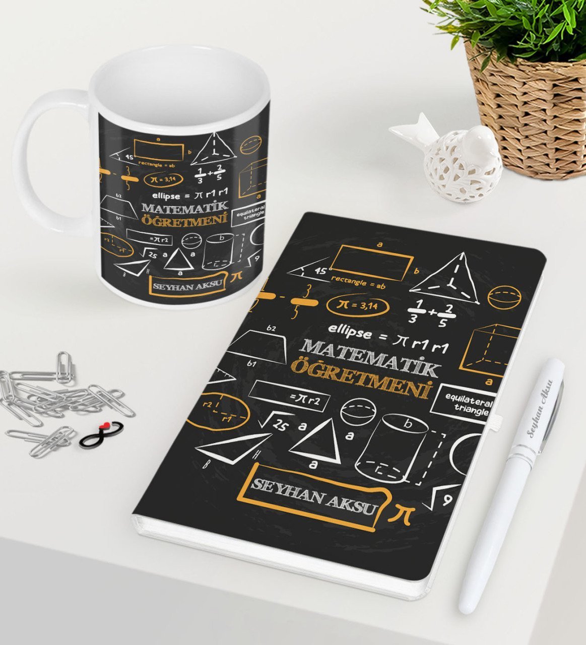 Kişiye Özel Matematik Öğretmeni Beyaz Defter Kalem Kupa Seti-10