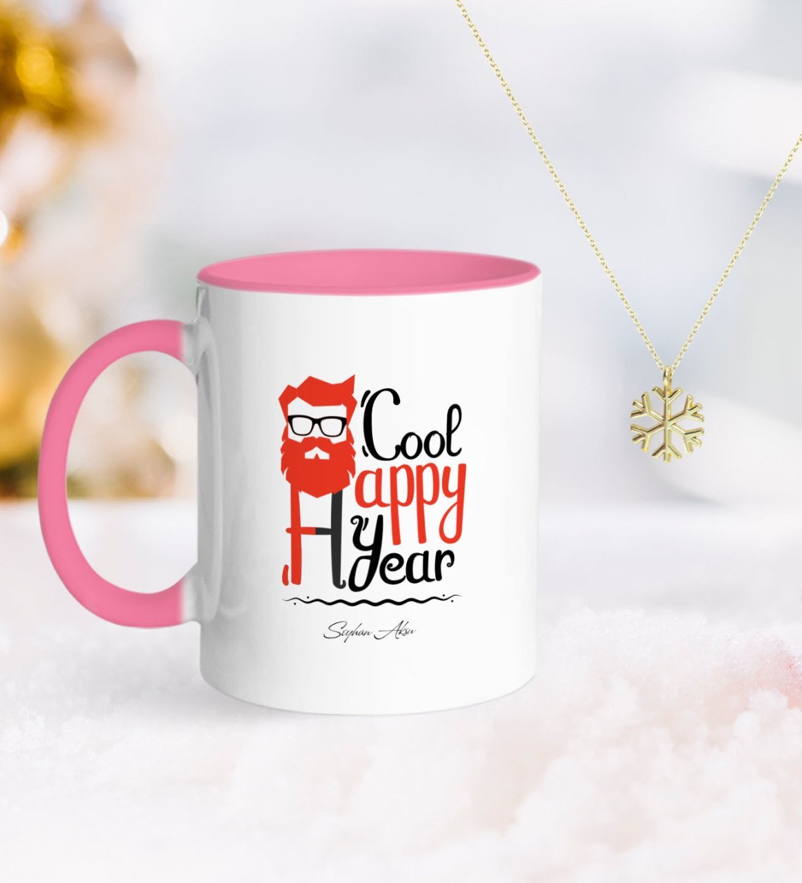 Kişiye Özel Noel Baba Pembe Kupa ve Kar Tanesi Kolye-3