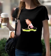 Kişiye Özel Bayan Yoga Karikatürlü Siyah T-Shirt-1
