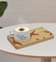 Kişiye Özel Deniz Yıldızı Tasarımlı Doğal Ahşap Tabaklı Seramik Fincan Sunum Seti  Model 1