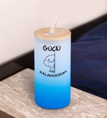 BK Gift Esprili Tasarım Mavi Renk Pipetli Buzlu Cam Bardak 600ml - 11, Arkadaşa Hediye, Doğum Günü Hediyesi