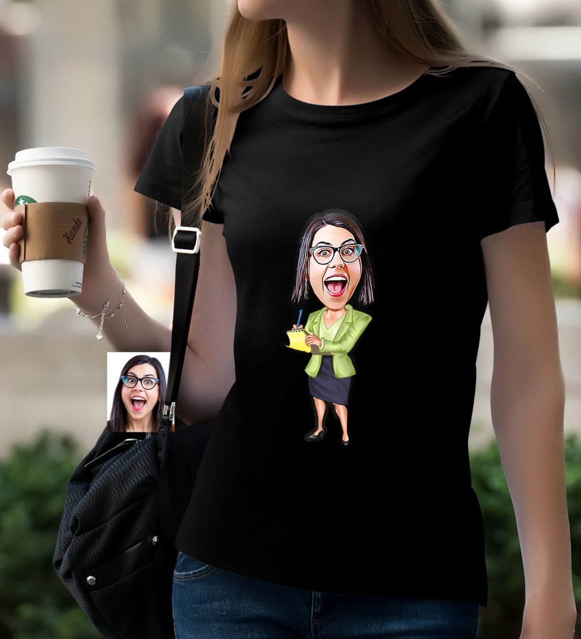 Kişiye Özel Bayan Sekreter Karikatürlü Siyah T-Shirt