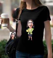 Kişiye Özel Bayan Sekreter Karikatürlü Siyah T-Shirt
