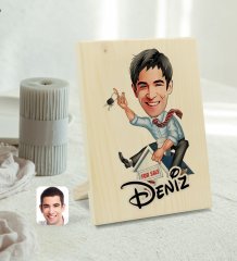 Kişiye Özel İsimli Erkek Emlakçı Karikatürlü Dekoratif Ahşap Çerçeve Model 1