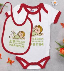 BK Kids Ep İsterim Tasarımlı Kırmızı Bebek Body Zıbın ve Mama Önlüğü Hediye Seti-2