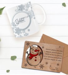 Kişiye Özel Happy New Year Kupa Bardak ve Retro Ahşap Yılbaşı Tebrik Kartı Hediye Seti-3D