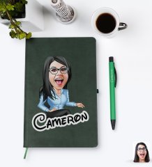 Kişiye Özel Kadın Patron Karikatürlü Yeşil Termo Deri Defter Kalem Seti Model 5