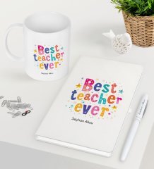 Kişiye Özel En İyi Öğretmen Beyaz Defter Kalem Kupa Seti-12