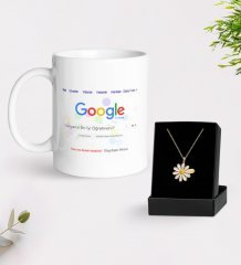 Kişiye Özel Google Dünyanın En İyi Öğretmeni Beyaz Kupa ve Papatya Kolye Hediye Seti
