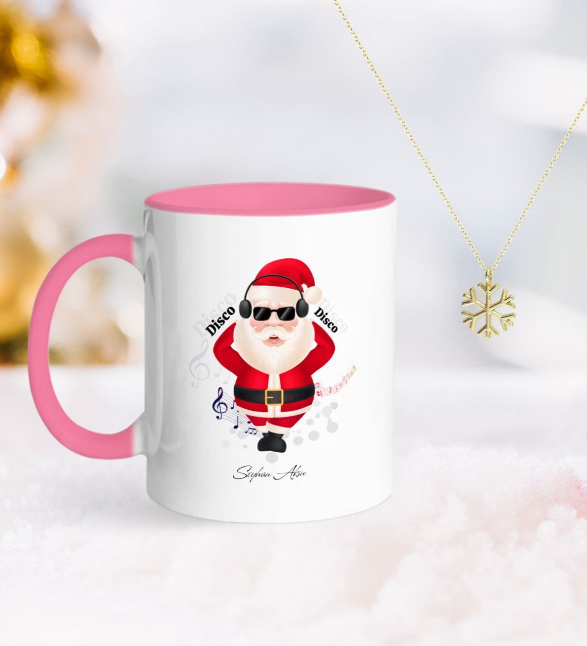 Kişiye Özel Noel Baba Pembe Kupa ve Kar Tanesi Kolye-1