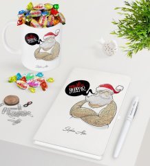 Kişiye Özel Noel Baba Beyaz Defter Kalem Kupa ve Haribo Şeker Hediye Seti-4