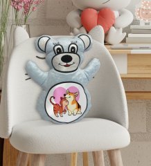 BK Gift Kedi ve Köpek Tasarımlı Mavi Ayıcık Yastık-1