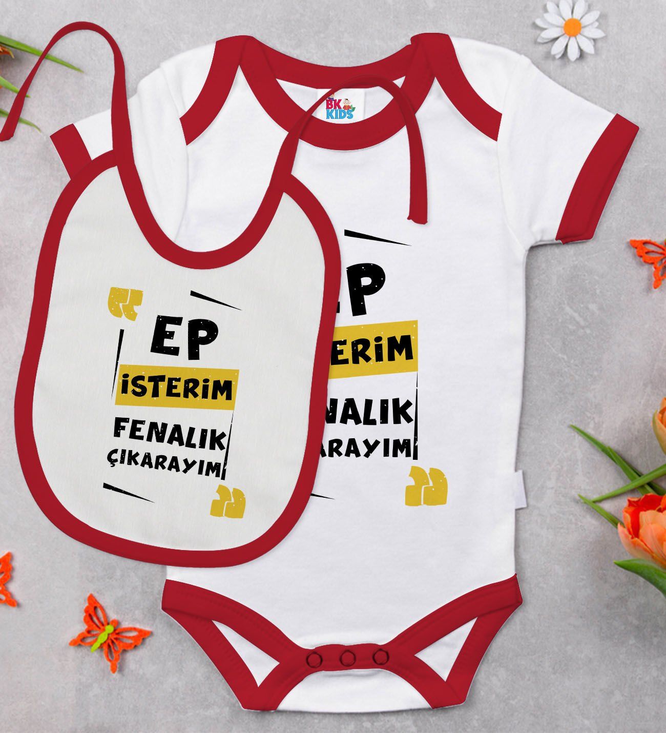BK Kids Ep İsterim Tasarımlı Kırmızı Bebek Body Zıbın ve Mama Önlüğü Hediye Seti-1
