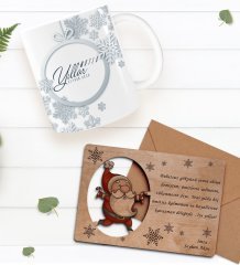 Kişiye Özel Happy New Year Kupa Bardak ve Retro Ahşap Yılbaşı Tebrik Kartı Hediye Seti-3C