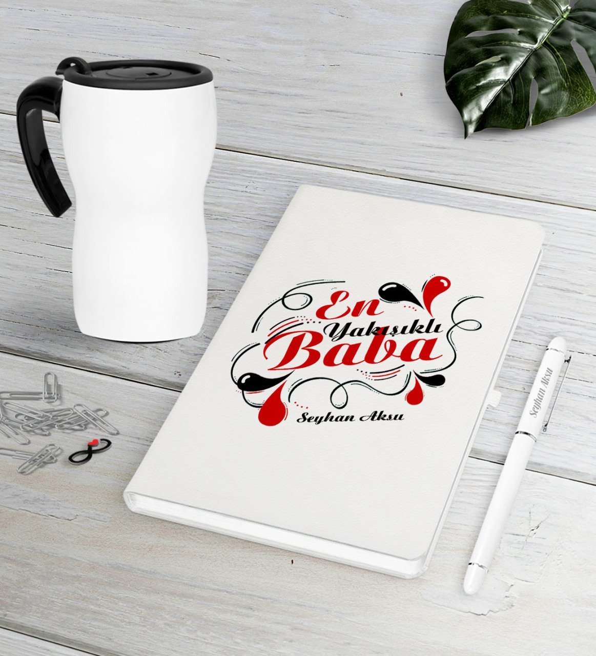 Kişiye Özel En Yakışıklı Baba Beyaz Defter Kalem Termos Mug Seti