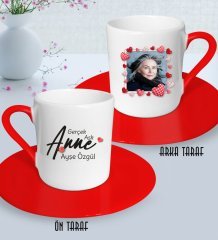 Kişiye Özel Fotoğraflı Gerçek Aşk Anne Tasarımlı Kırmızı Türk Kahvesi Fincanı-1