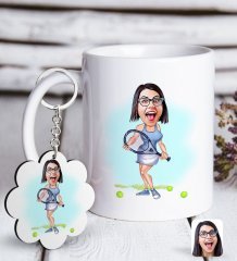 Kişiye Özel Bayan Tenis Oyuncusu Karikatürlü Beyaz Kupa ve Anahtarlık Hediye Seti-1