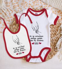 BK Kids En İyi Arkadaşın Olmaya Geldim Tasarımlı Kırmızı Bebek Body Zıbın ve Mama Önlüğü Hediye Seti-1