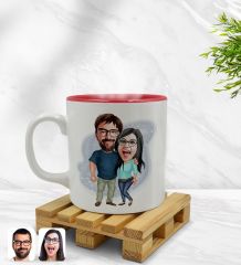 Kişiye Özel Sevgililer Karikatürlü İçi Kırmızı Renkli Kupa Bardak Model 109