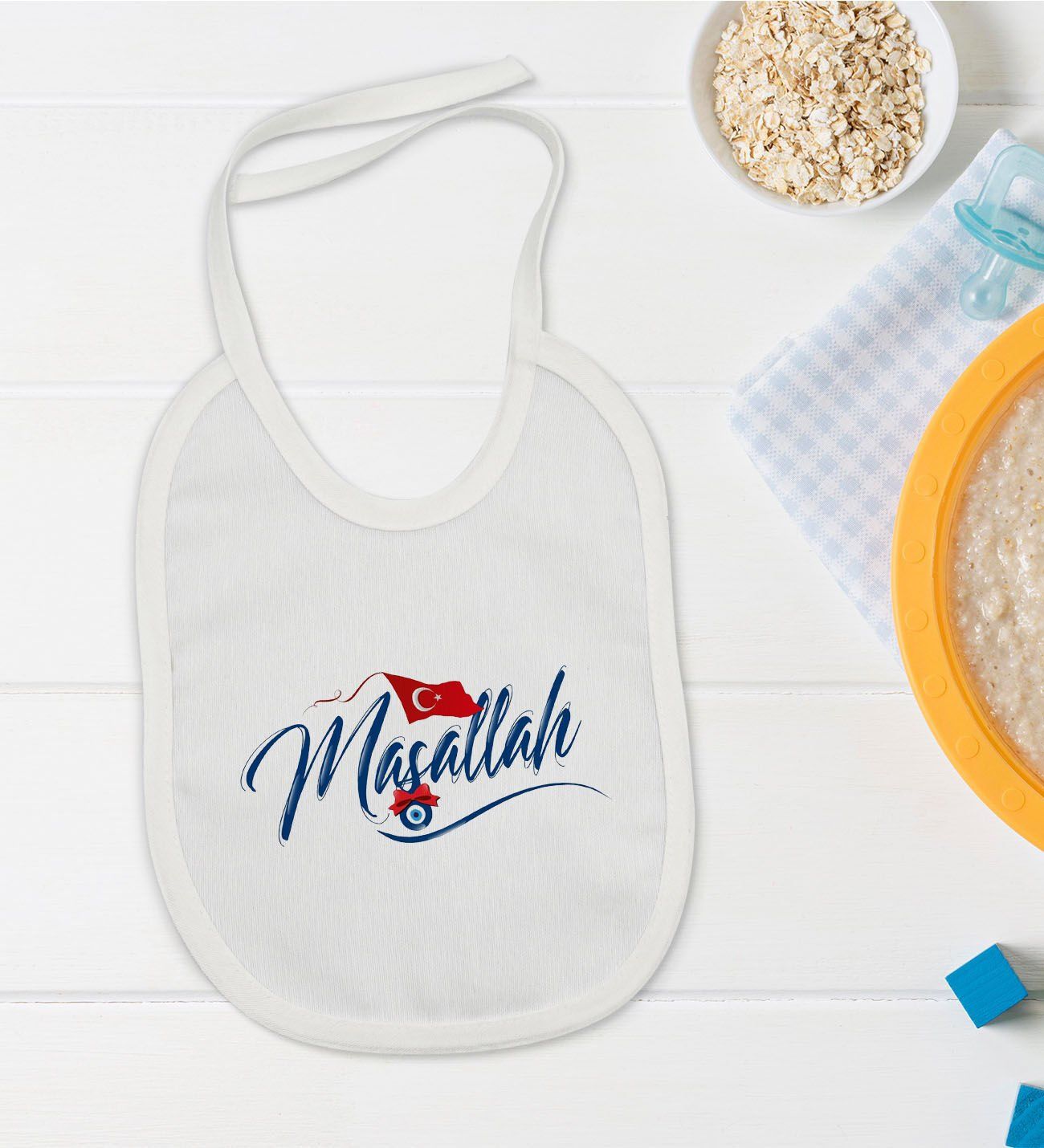 BK Kids Maşallah Tasarımlı Beyaz Bebek Mama Önlüğü-3