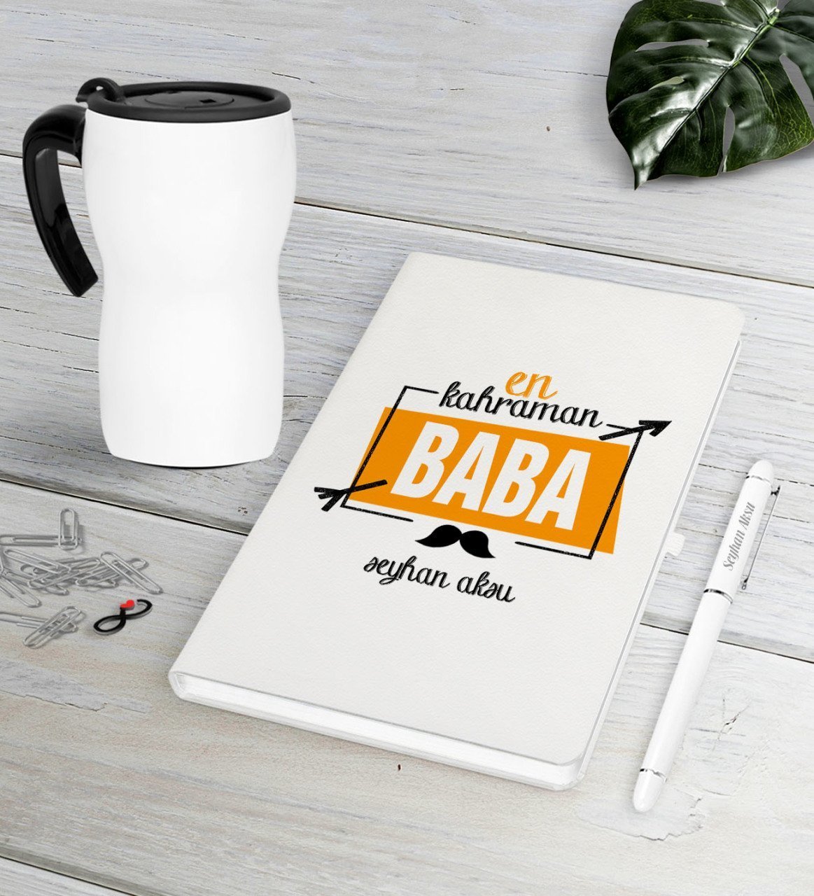 Kişiye Özel En Kahraman Baba Beyaz Defter Kalem Termos Mug Seti