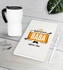 Kişiye Özel En Kahraman Baba Beyaz Defter Kalem Termos Mug Seti