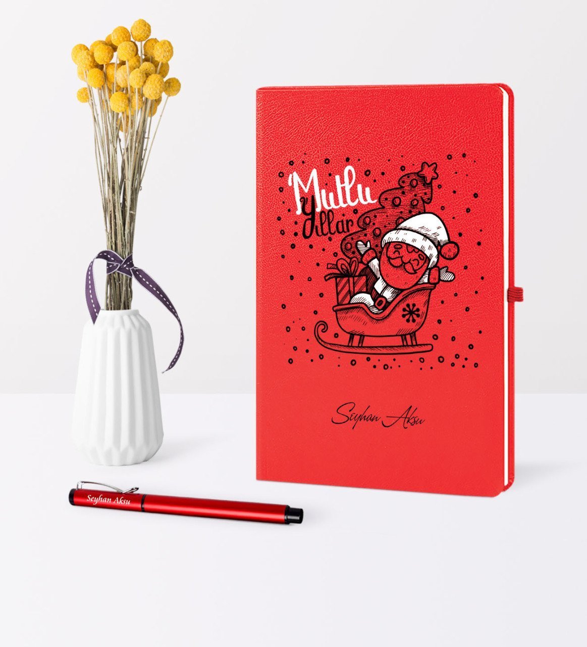 Kişiye Özel Yılbaşı Noel Baba Temalı Kırmızı Defter Kalem Seti - 5