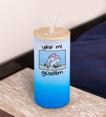 BK Gift Esprili Tasarım Mavi Renk Pipetli Buzlu Cam Bardak 600ml - 8, Arkadaşa Hediye, Doğum Günü Hediyesi