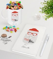 Kişiye Özel Noel Baba Beyaz Defter Kalem Kupa ve Haribo Şeker Hediye Seti-2